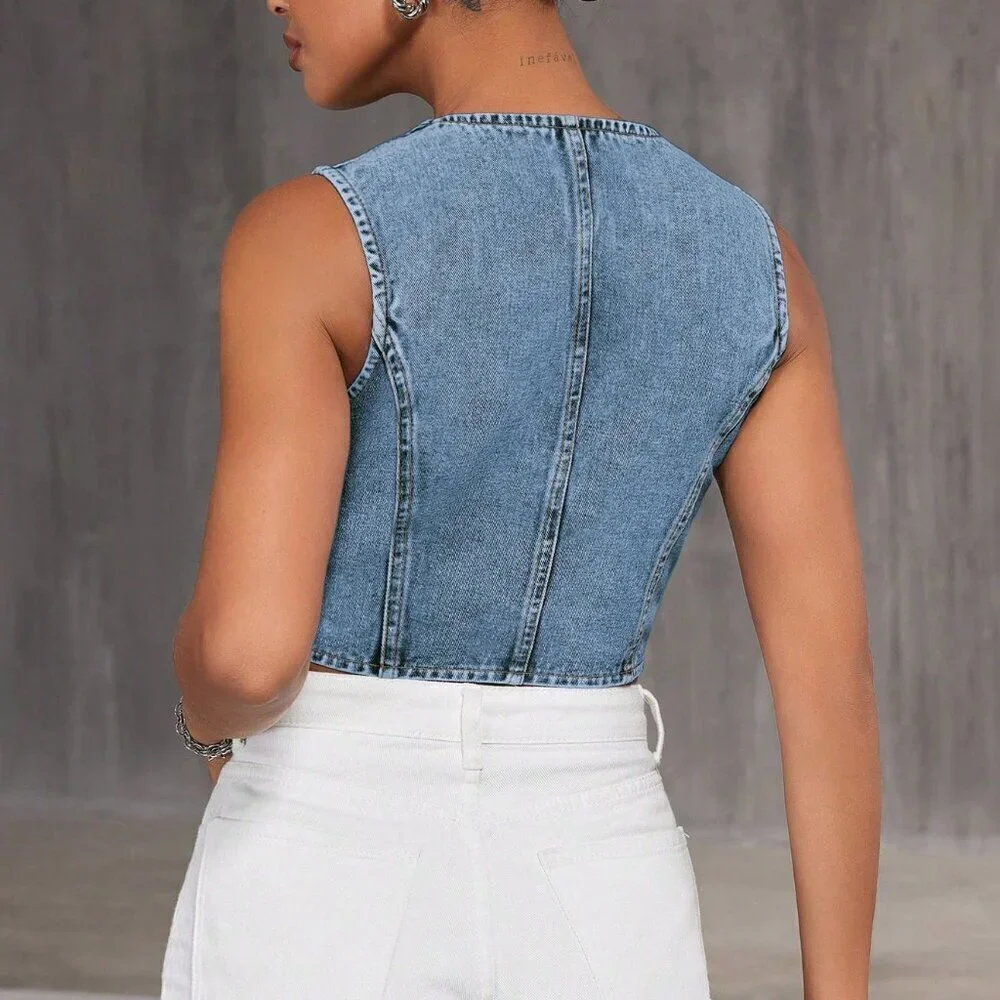 Blue Casual Women's Front Button V-Neck Solid Color Denim Vest Top - Picture 2 of 6